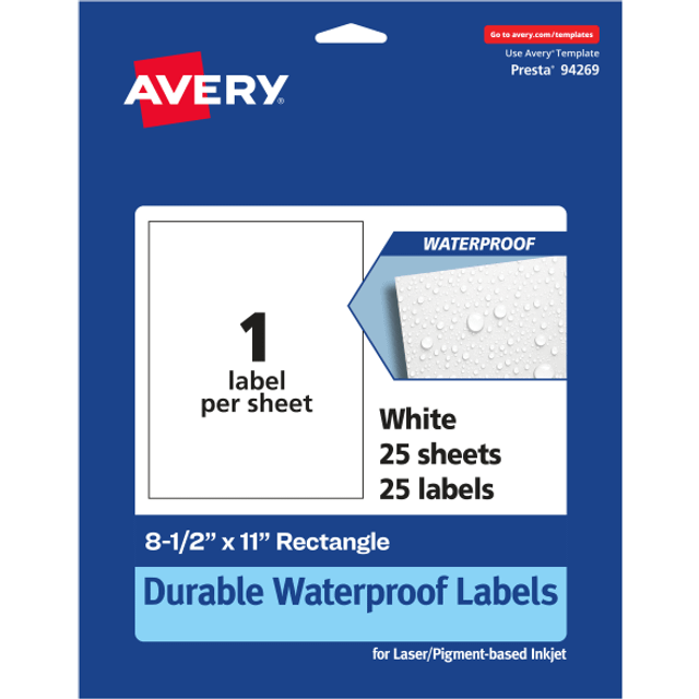 "Avery Durable Waterproof Rectangle Labels  8.5"""""""" x 11""""""""  25 Oil and Tear-Resistant Waterproof Labels  Laser/Pigment-Based Inkjet Printable Labels"