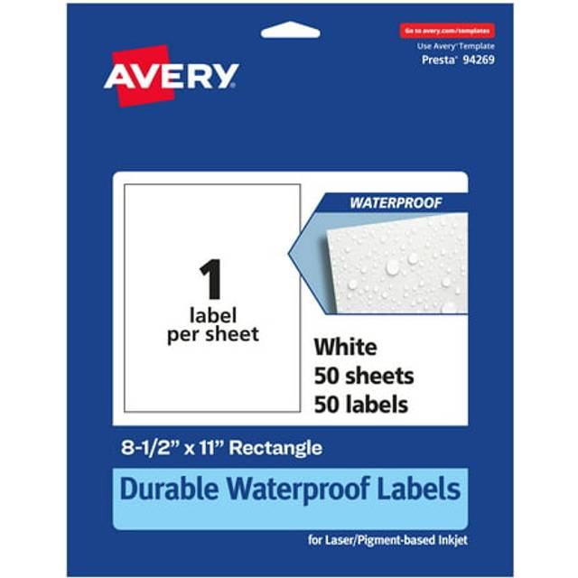 "Avery Durable Waterproof Rectangle Labels  8.5"""""""" x 11""""""""  50 Oil and Tear-Resistant Waterproof Labels  Laser/Pigment-Based Inkjet Printable Labels"