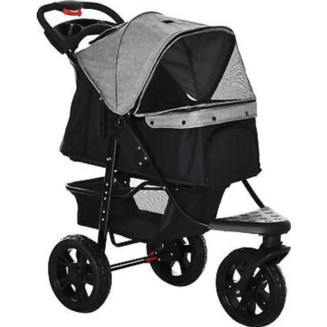 Pawhut Dog Pushchair Folding Pet Stroller 3 Wheel Dog Jogger Travel Carrier Adjustable Canopy Storage Brake Mesh Window Grey