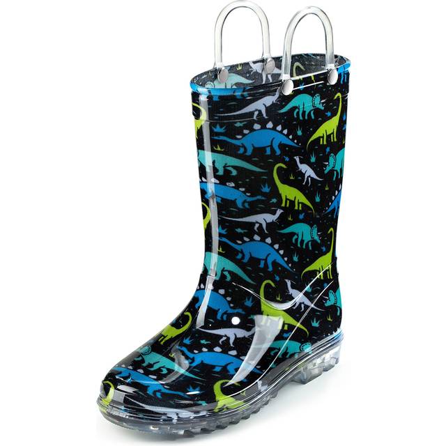 Puddle Play Waterproof Black And Green Dinosaurs PVC Rain Boots Easy-O