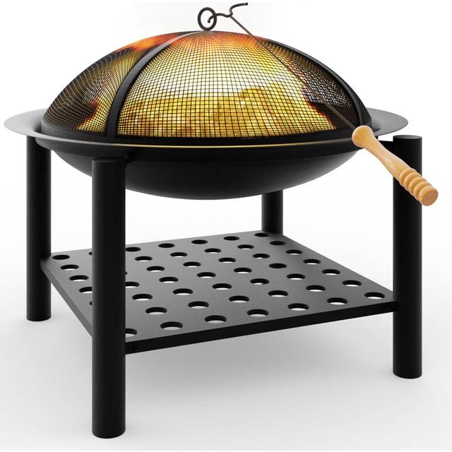 GARDEBRUK® Garden Patio Fire Pit with Cover & Poker 55cm Diameter Outdoor Fire Basket with Protective Spark Guard, Wood Handle Poker and Storage
