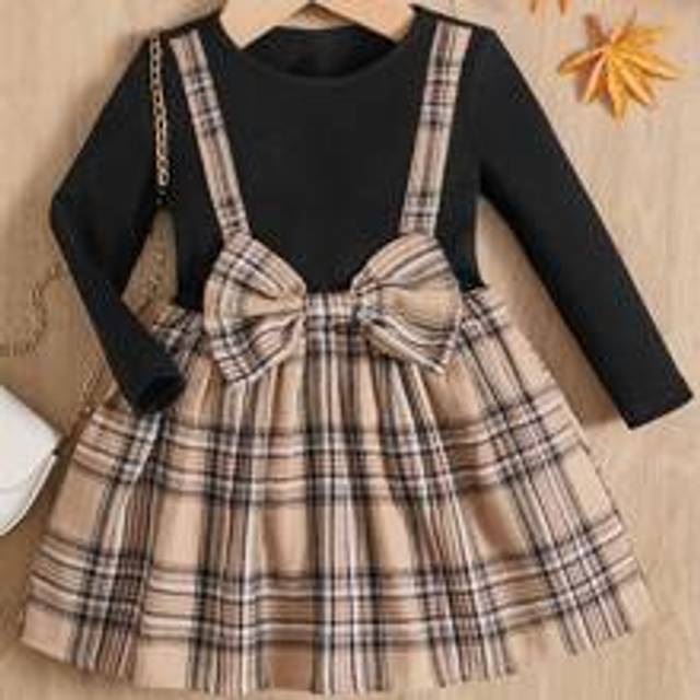 SHEIN Baby Girl Plaid Bow Front 2 In 1 Dress, For Christmas