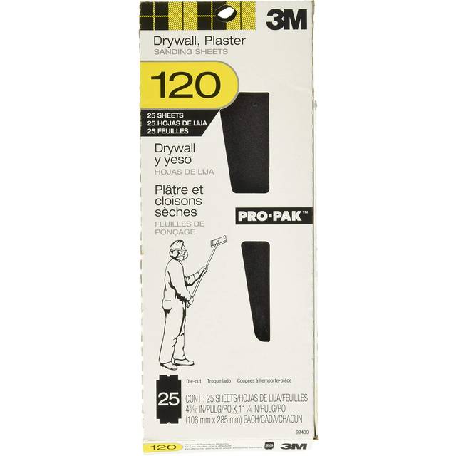 3M Pro-Pak Drywall Sanding Paper  25 Sheets  120 Grit  4.2 in x 11.25 in  Pre-Cut Sheet Fit Most Drywall Sanding Tools  Heavy-Duty Paper Backing Resis