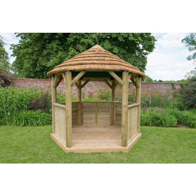 Hexagonal 3m Thatched Roof Gazebo with Green Lining (Installed) - Treated Timber - Forest Garden