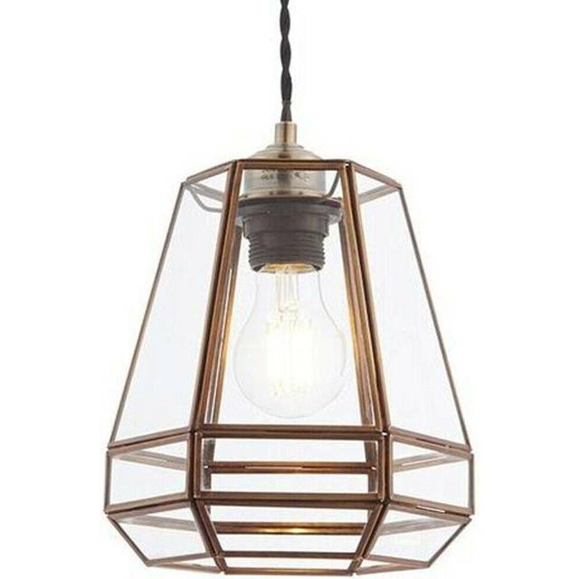 Hanging Ceiling Pendant Light Shade Antique Brass & Clear Glass Pear Drop Cage