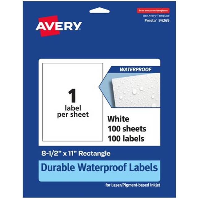 "Avery Durable Waterproof Rectangle Labels  8.5"""""""" x 11""""""""  100 Oil and Tear-Resistant Waterproof Labels  Laser/Pigment-Based Inkjet Printable Labels"