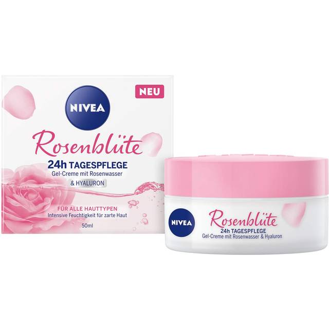 NIVEA Rosenblomma 24h dagvård (50 ml), ansiktsvård med rosenvatten och hyaluron, lätt gelkräm för smidig känslig hud