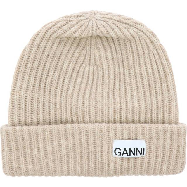 GANNI Beige Oversized Wool Rib Knit Beanie - 196 Brazilian Sand - UNI