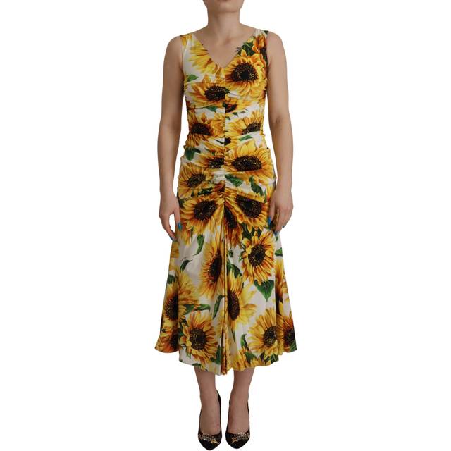 Dolce & Gabbana White Sunflower Print Sheath Midi Silk - IT36|XXS