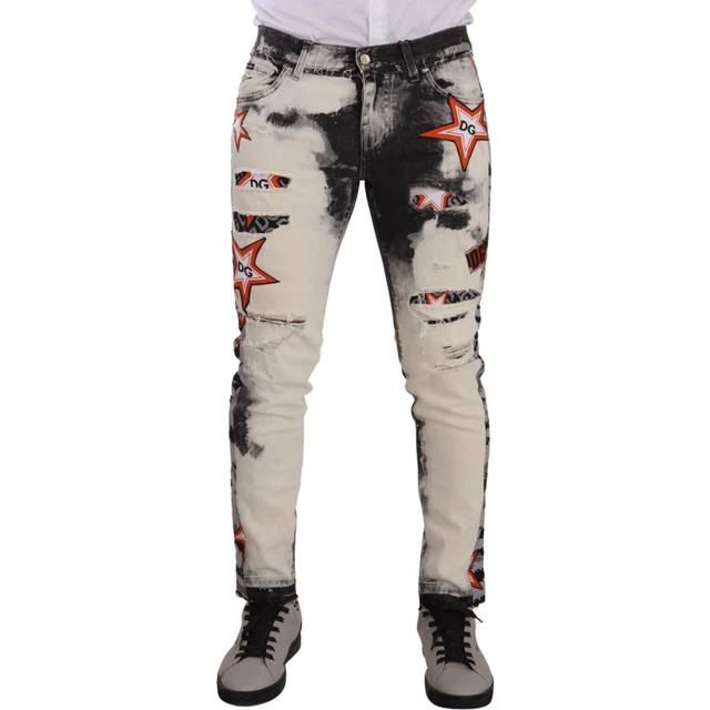 Dolce & Gabbana White Black Cotton Distressed Skinny Denim Jeans - IT48 | M