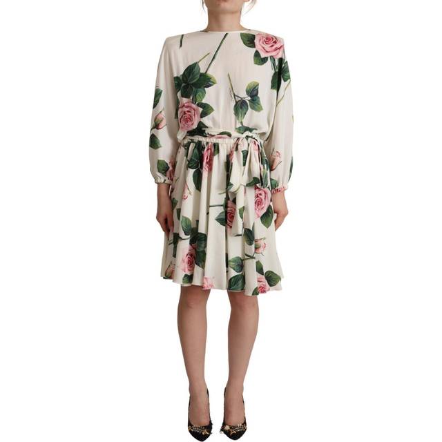 Dolce & Gabbana White Rose Print Long Sleeves A-line Dress - IT38|XS