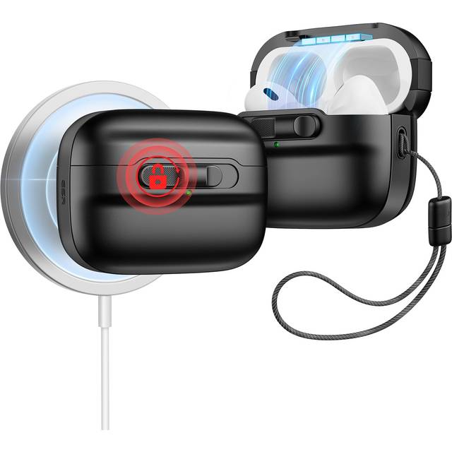 ESR för AirPods Pro 2:a generationens fodral, kompatibelt med AirPods Pro-fodral 2:a/1:a generationen (2023/2022/2019), MagSafe-redo, magnetiskt locklås, heldroppskydd med snodd, pulsserie, svart