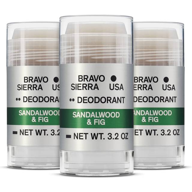 Aluminum-Free Natural Deodorant for Men by Bravo Sierra  3-Pack - Long Lasting All-Day Odor and Sweat Protection - Sandalwood & Fig  3.2 oz - Paraben-