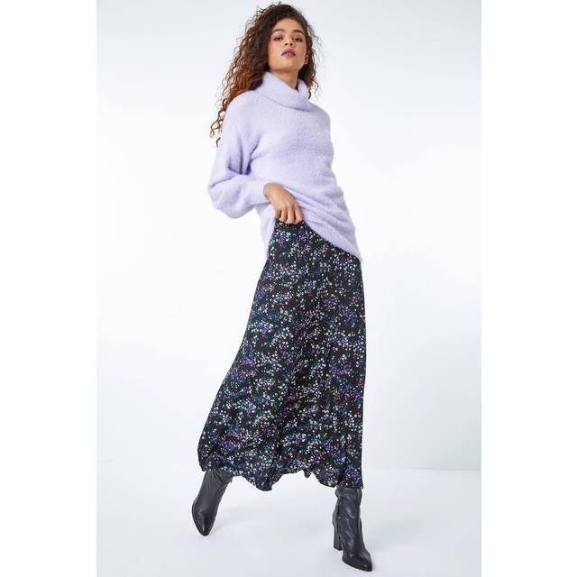 Ditsy Floral Stretch Elastic Waist Midi Skirt - Black - Size 12 - Roman