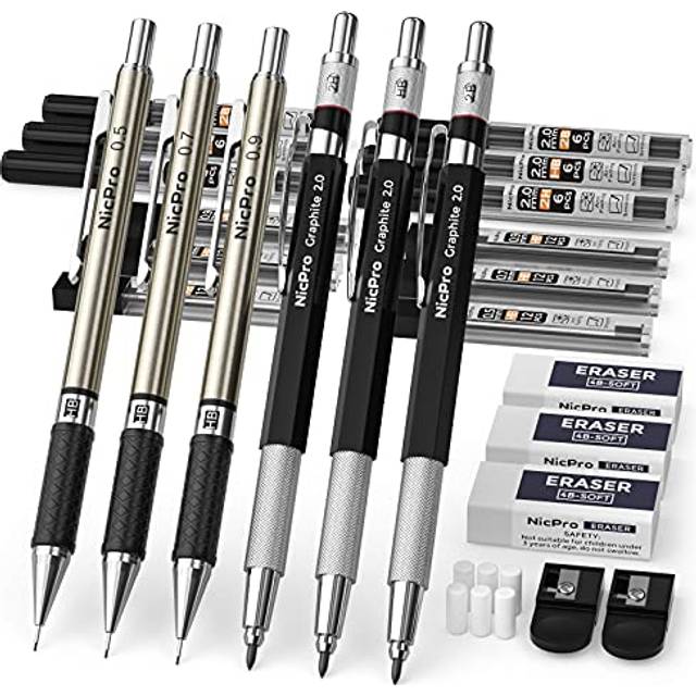 Nicpro 6PCS Mechanical Pencils Set, 3 PCS 2mm Lead Holder (2B HB 2H), Clutch Propelling Drafting Pencil 0.5 mm & 0.7 mm & 0.9 mm For Writing,Sket
