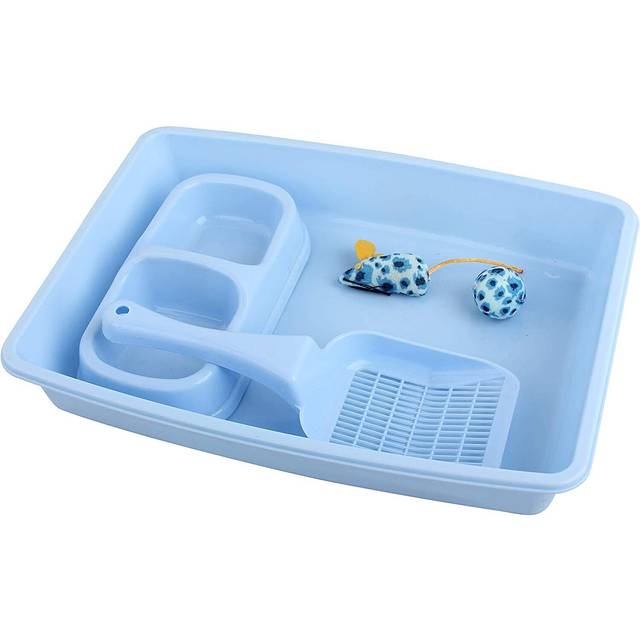 Kitty Cat Starter Kit Includes 4-Pieces - Cat Litter Pan, Cat Litter Scooper, Cat Bowls, Cat Toy, 14.5x10.5 Inches, Blueâ¦
