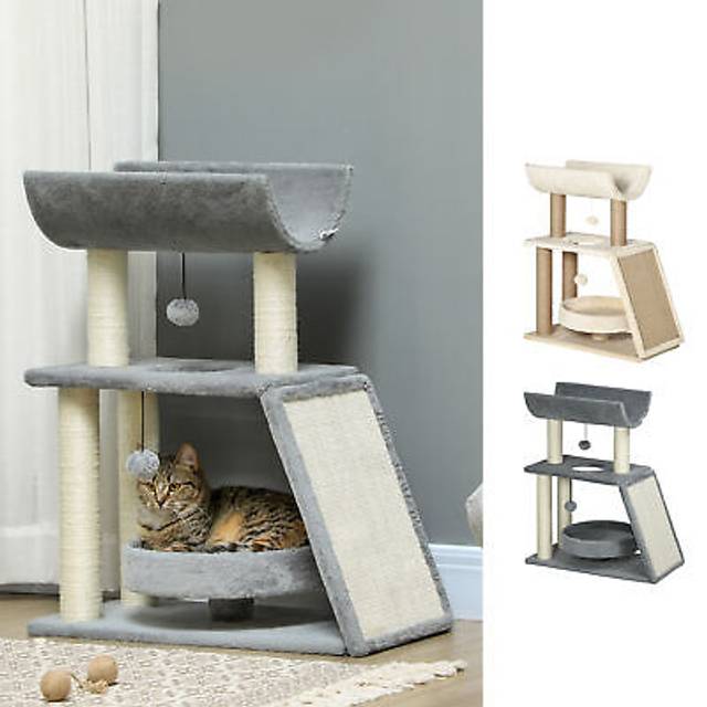 Pawhut Cat Tree For Indoor Cats With Scratching Posts Pad, Kitten Tower With Bed Perch Ball Toy, 60 X 30 X 76 Cm, Light Brown