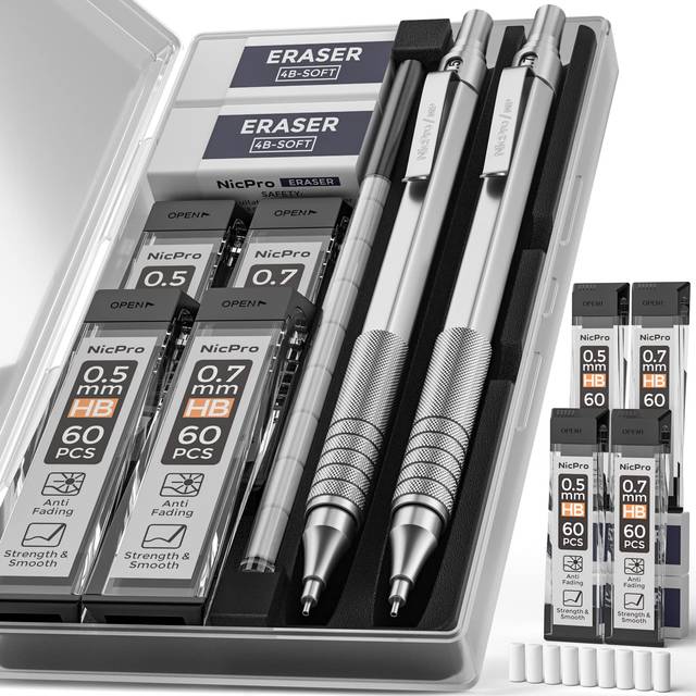 Nicpro Metal Mechanical Pencils Set with Case, Automatic Retractable Drafting Pencil 0.5 mm and 0.7 mm With HB Leads Refill, Erasers Propell