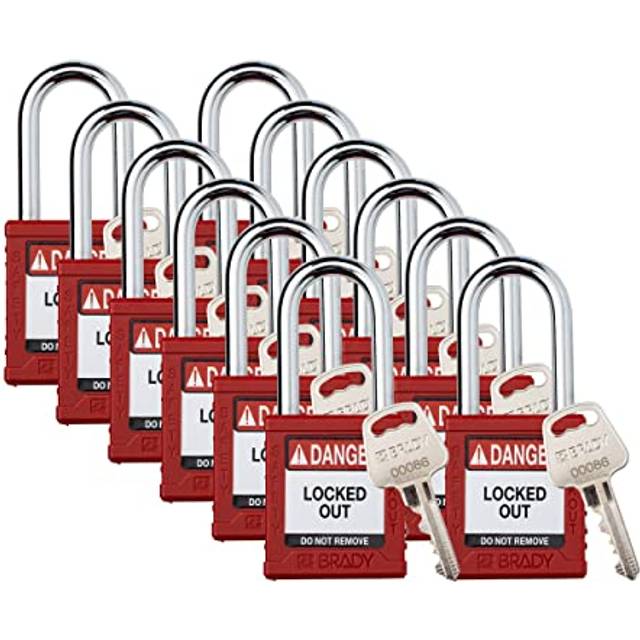 Brady Safety Lockout Padlock Sets - 12 Pack - Red - Keyed Alike Safety Lockout Padlocks - 1 Key Per Lock - SDPL-RED-38ST-KA12