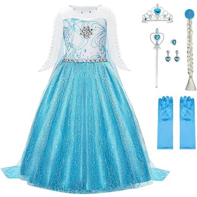 URAQT Klänning, Prinsessa Kostym Med Princess Crown Trollstavstillbehör, Princess Klänning För Tjejer, Deluxe Glänsande Kappa Fancy Klänning För Fest/Cosplay/Brudtärna