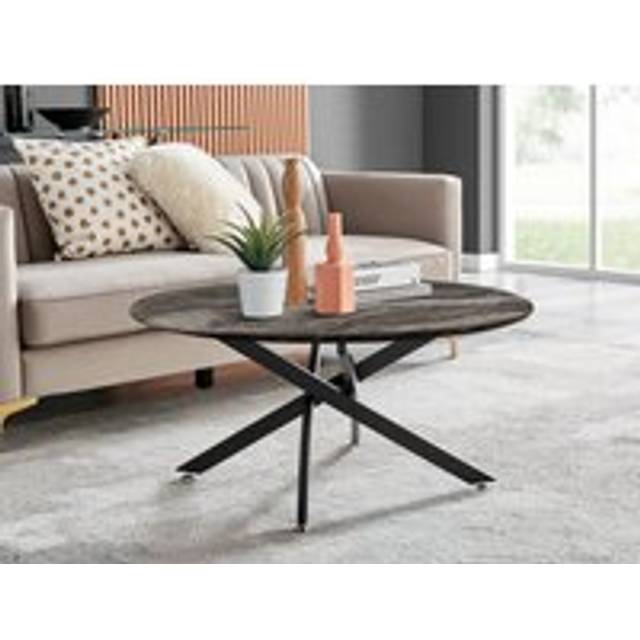 Novara Round Marble Effect Glass Top Coffee Table With Black Metal Starburst Legs - Grey - One Size