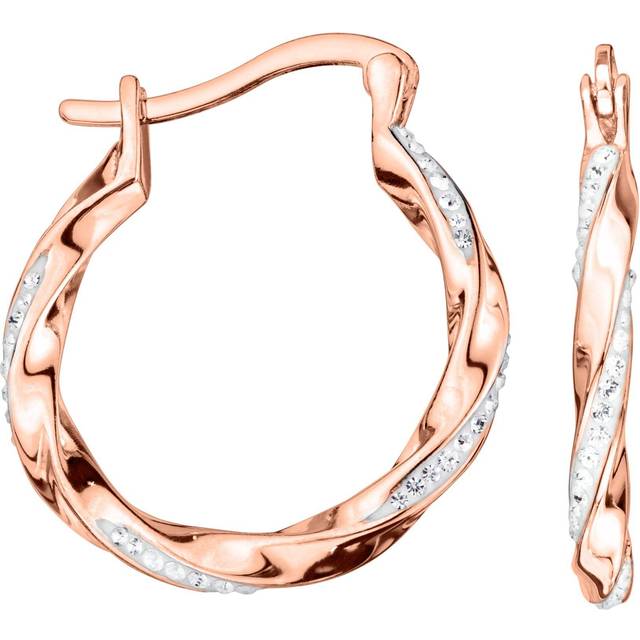 Sterling Silver Rose Gold Plated Crystal Twist 20mm Hoop Earrings - One Size