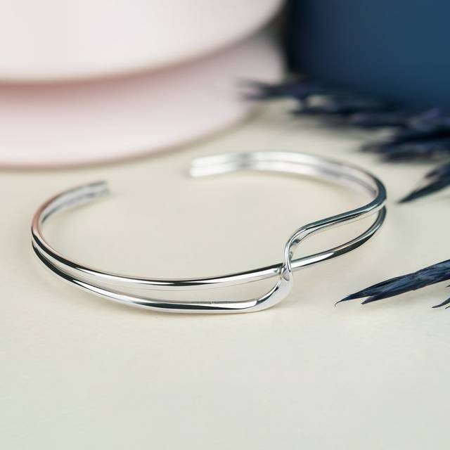 John Greed Portrait Sketch Silver Wave Cuff Bangle For Women - silver