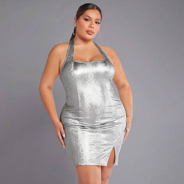 SHEIN Plus Size Metalic Halter Neck Bodycon Dress With High Slit Silver Dress Sexy Outfits