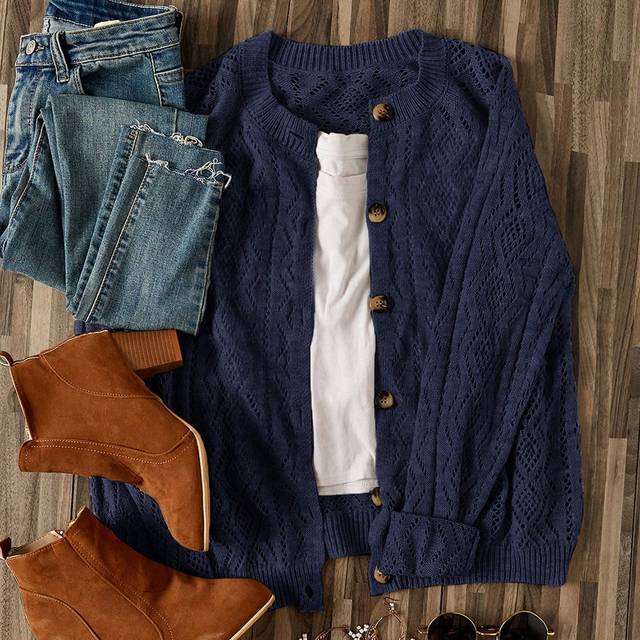 SHEIN 1pc Button Front Pointelle Knit Cardigan Going Out Tops Women