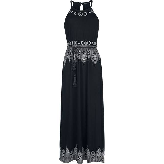 Gothicana by EMP - Gothic Long dress - Black Maxi Dress with Prints and Narrow Tie-Belt - S to 5XL - for Women - black