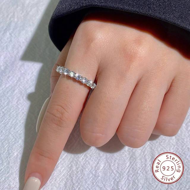 Newsoul 1pc Brilliant GlamorousTotal Eternity Band Moissanite Rhinestone Rings For Women 925 Sterling Silver Engagement Wedding Luxury Fine Jewelry Bridal Jew