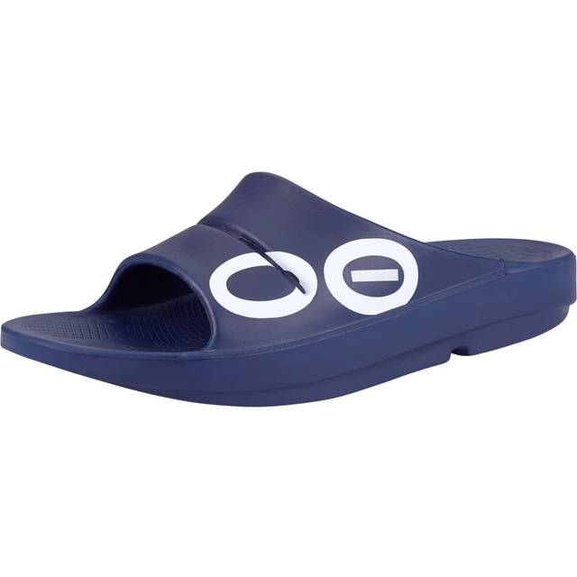 OOFOS OOahh Sport Slide Sandal  Navy White - Mens Size 5  Womens Size 7 - Lightweight Recovery Footwear - Reduces Stress on Feet  Joints & Back - Mach
