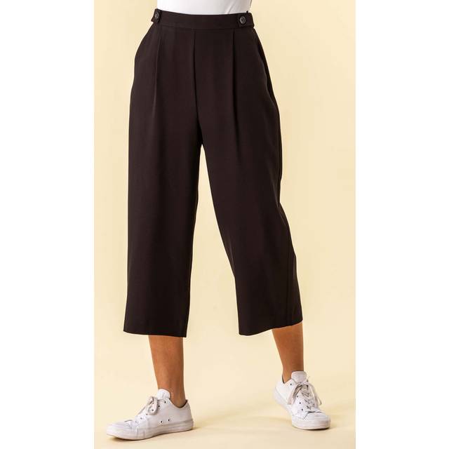 Button Detail Stretch Culotte Trousers - Black - 18