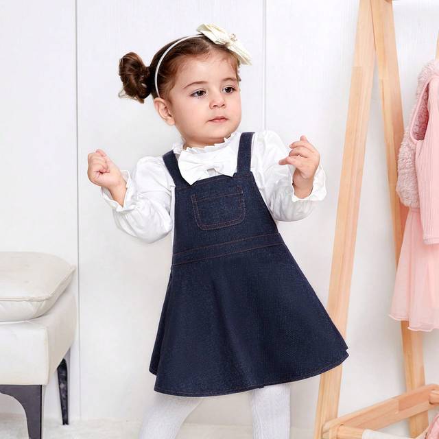 Spädbarns flickor Casual Jumper Klänning med denimeffekt med vit långärmad skjorta - Blå (6-9M,9-12M,12-18M,18-24M,2-3Y)