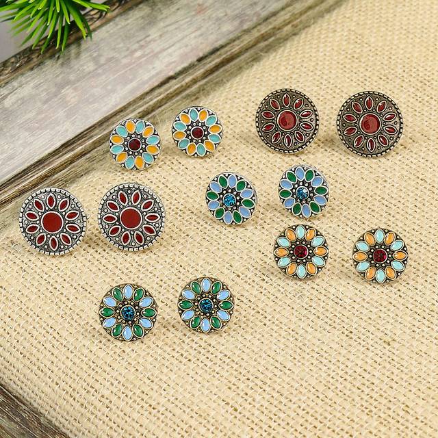 SHEIN 6pairs/set Retro Style Antique Silver/ Bronze Tone Multi-color Floral Oil Drop & Rhinestone Decor Round Alloy Stud Earrings For Women, Suitable For Da
