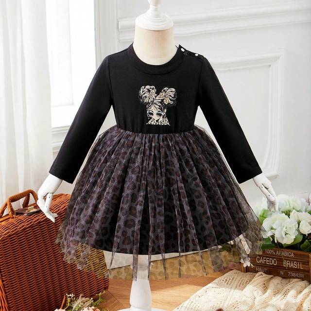 Bebis Tjejer Kul Tryckt Klänningar Med Leopard Splicing , Höst & Vinter - Multifärgad (6-9M,9-12M,12-18M,18-24M,2-3Y,3-6M)