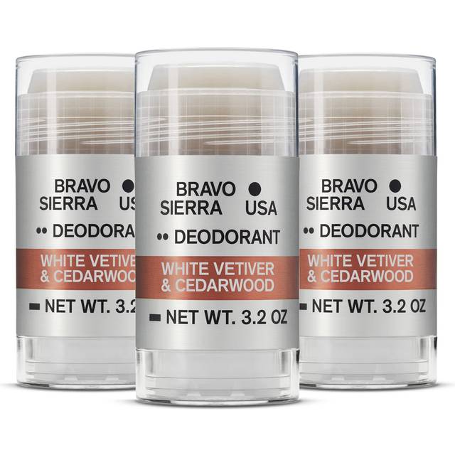 Aluminum-Free Natural Deodorant for Men by Bravo Sierra - 3 Pack (White Vetiver & Cedarwood) - Long Lasting All-Day Odor and Sweat Protection - Vegan