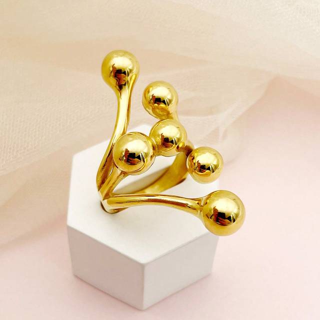 Mazuer Mazuer Vintage European And American Style Stainless Steel Asymmetrical-Shaped Ring With Six Golden Beads For Women; High-End Design, Suitable For Par
