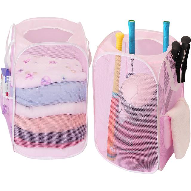 2 Pack - SimpleHouseware Mesh Pop-Up Laundry Hamper Basket with Side Pocket  Pink