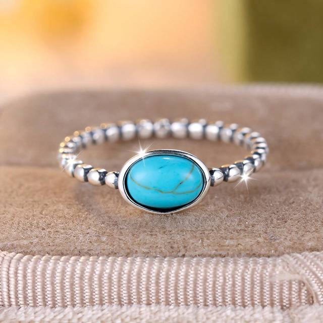 SHEIN 1pc Delicate Pure Silver Ellipse Green Turquoise Beaded Ring For Women, Dating/engagement/wedding Gift