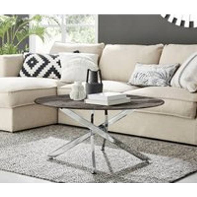 Novara Round Marble Effect Glass Top Coffee Table With Silver Metal Starburst Legs - Grey - One Size