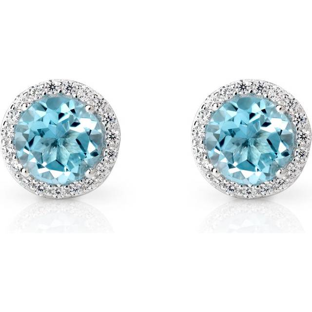 John Greed Signature Silver Blue Topaz & CZ Round Halo Stud Earrings For Women - blue/silver