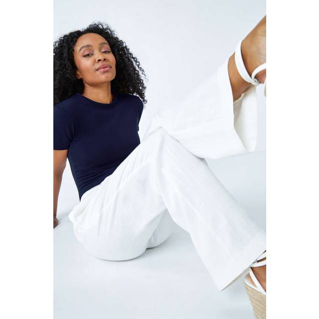 Roman Petite White Wide Leg Linen Trouser - Size 14