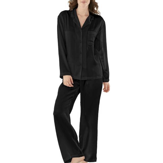 Damella Woven Silk Plain Pyjamas Set - Black - Small * Kampanj *