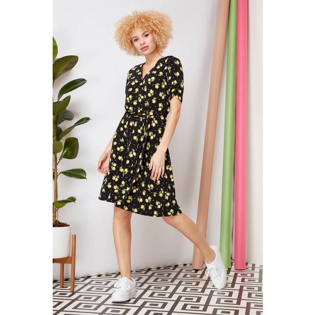 Roman Black Lemon Print Wrap Dress - Size 14