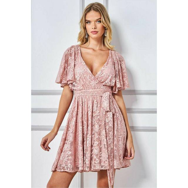 Lace Kimono Wrap Skater Mini Dress - Blush by Goddiva - 16