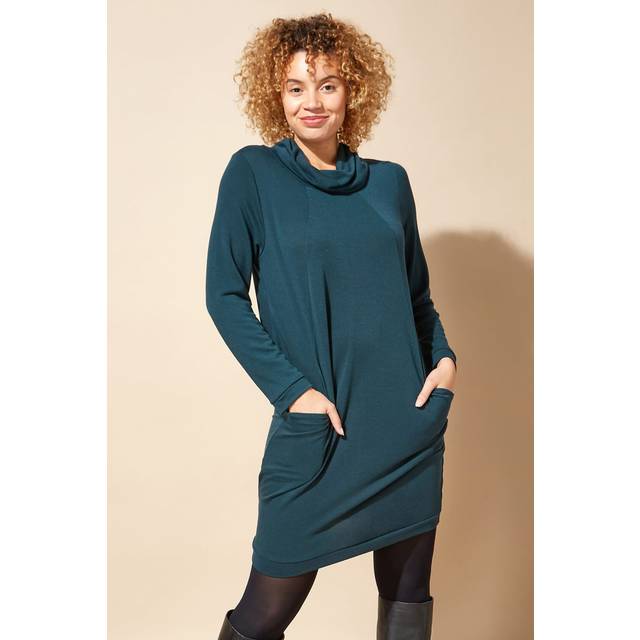 Roman Forest Green Long Sleeve Cowl Neck Tunic Shift Dress - Size 18