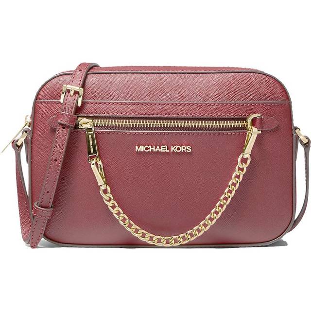 Womens Large Leather Crossbody Bag with Chain Zipper Accent - Red - One Size