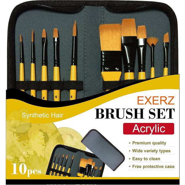 Exerz Acrylic Paint Brush Set 10 pcs Synthetic Hair Artist Professional Brushes in a Travel Case/Perfect for Acrylic Watercolour Gouache & Face P