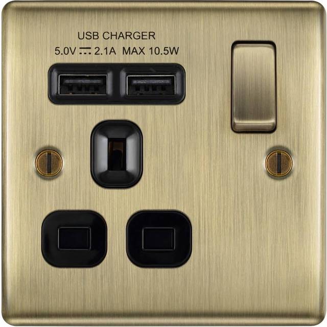 Single Plug Socket - 2 USB Ports - Antique Brass